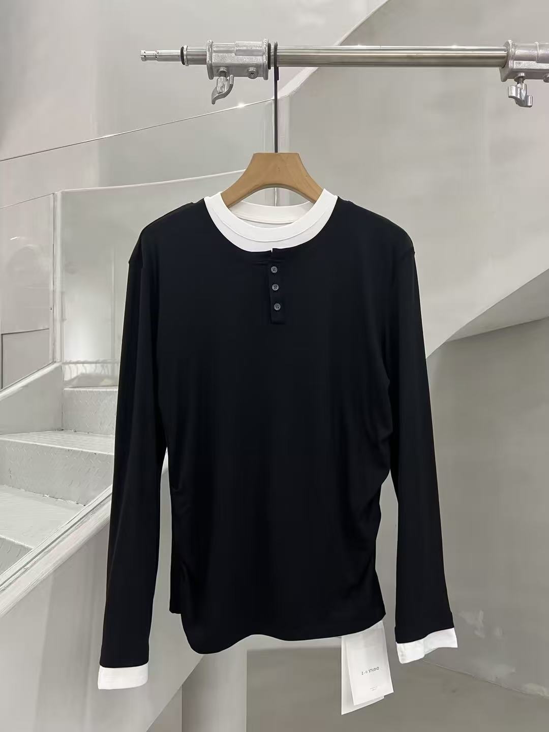 Layered-Collar Henley Long-Sleeve Tee