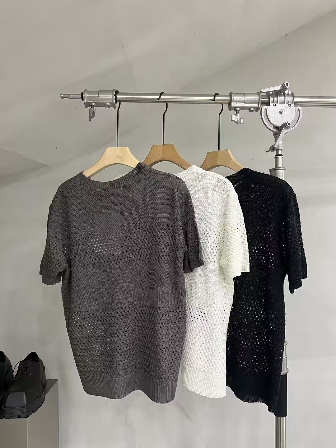 Open-Knit Panel Short-Sleeve Sweater