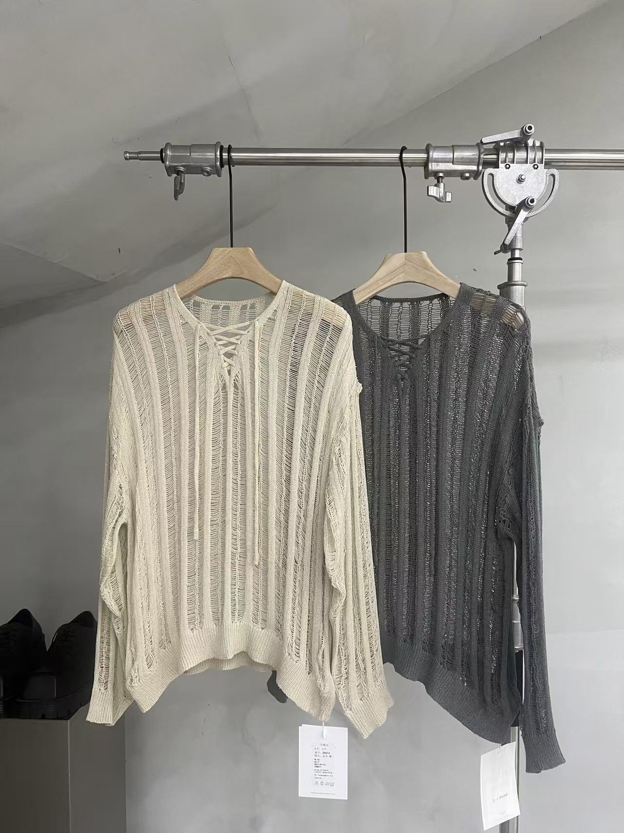Distressed Open-Knit Lace-Up Sweater