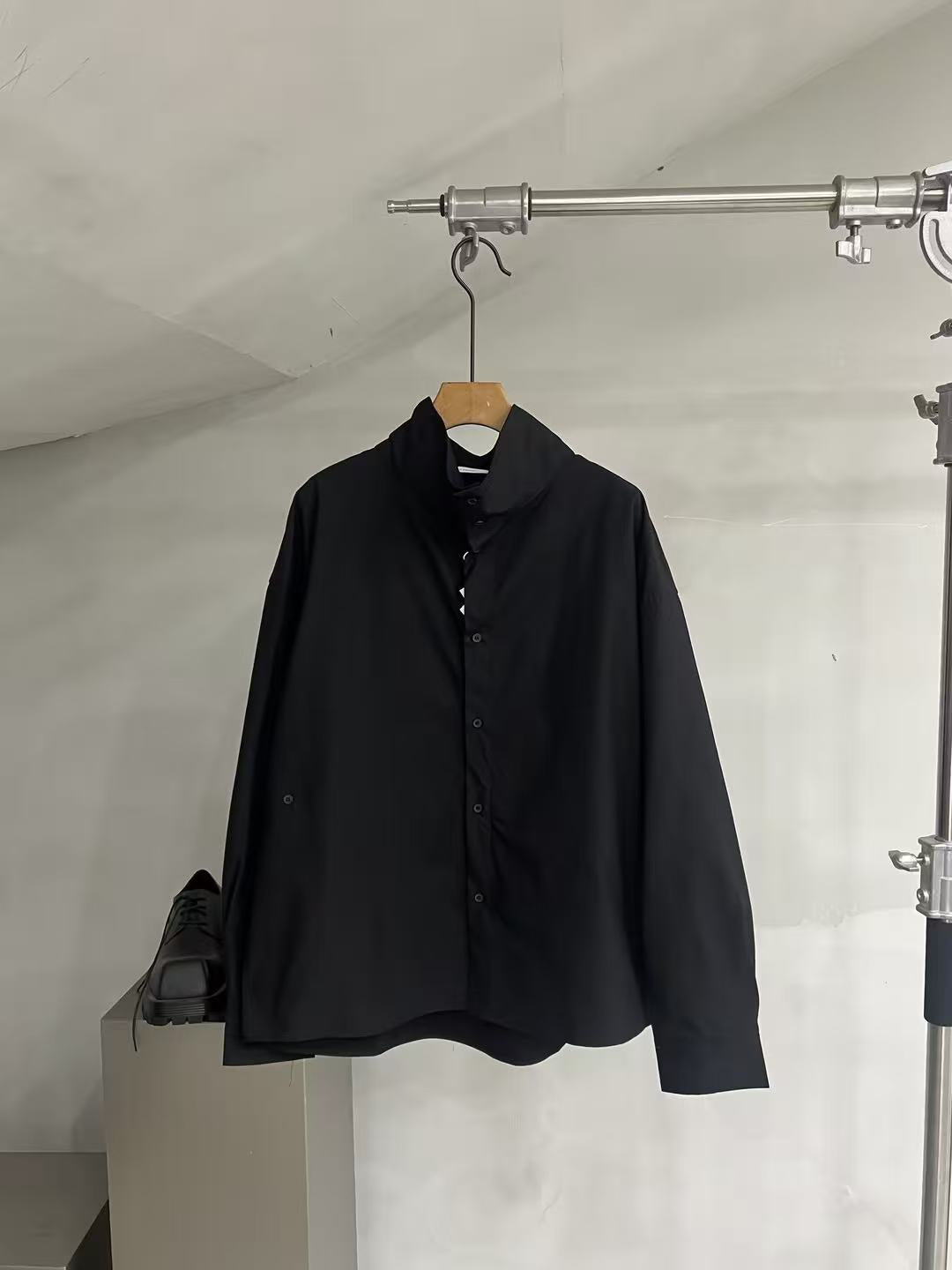 Draped Funnel-Neck Cotton Shirt