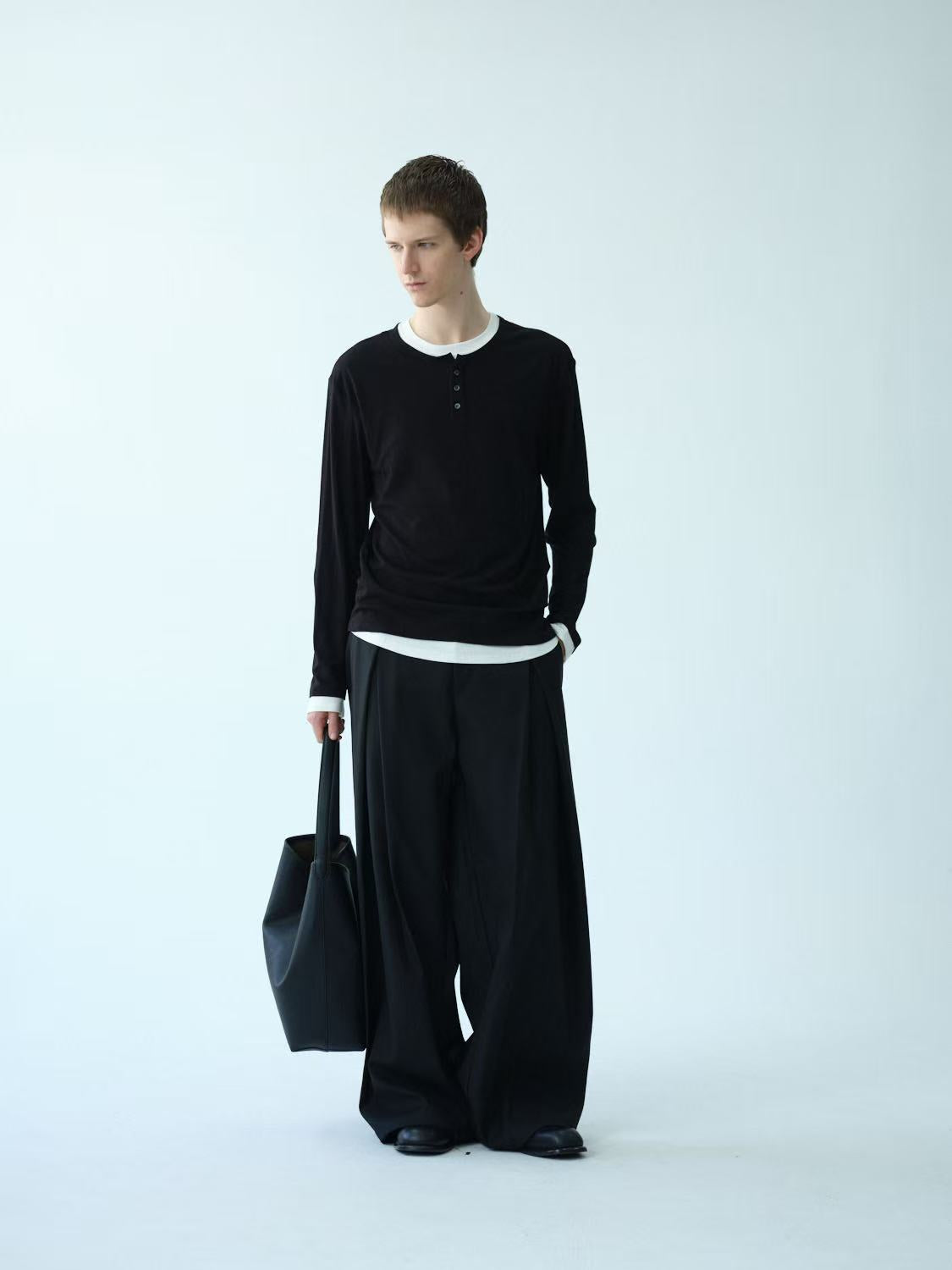 Layered-Collar Henley Long-Sleeve Tee