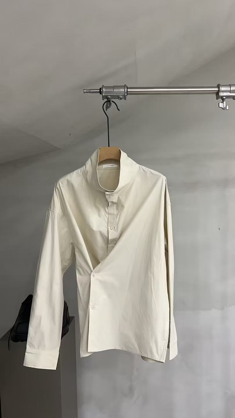 Draped Funnel-Neck Cotton Shirt