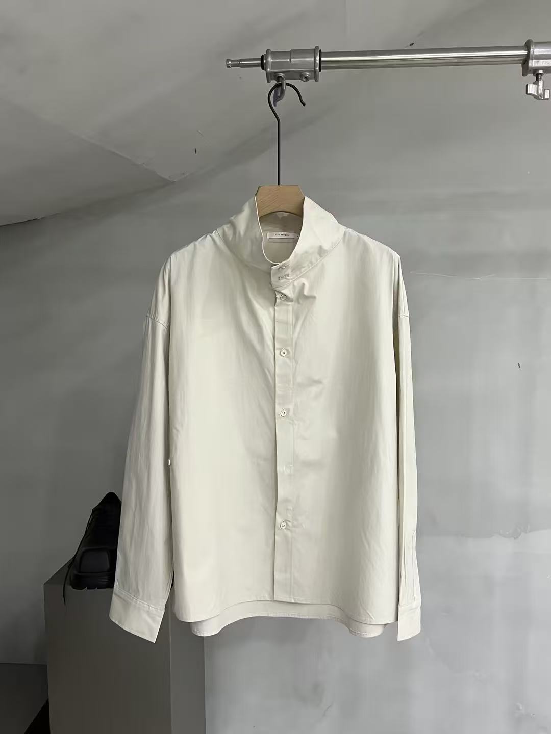Draped Funnel-Neck Cotton Shirt