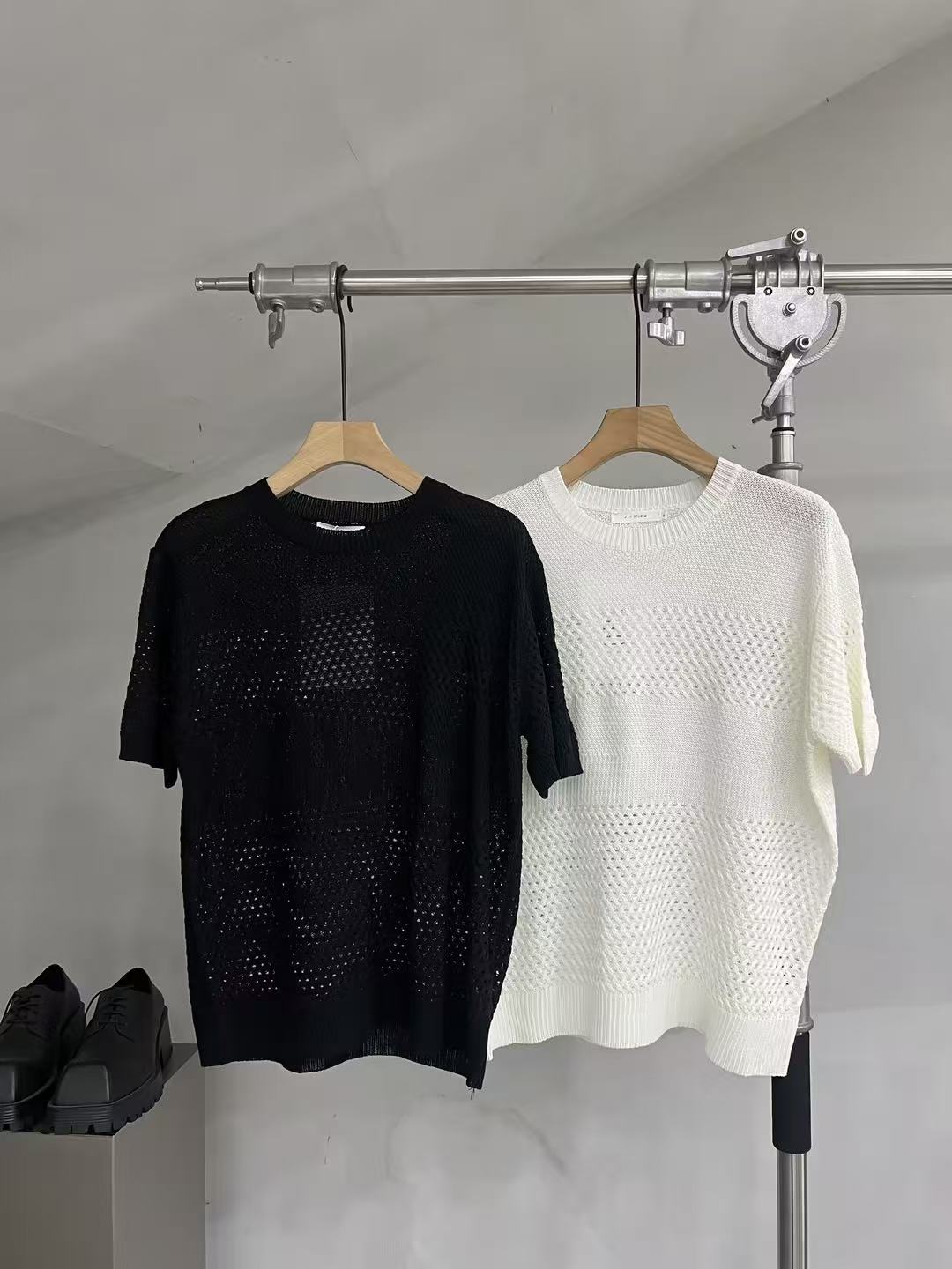 Open-Knit Panel Short-Sleeve Sweater