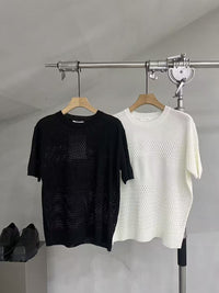 Open-Knit Panel Short-Sleeve Sweater