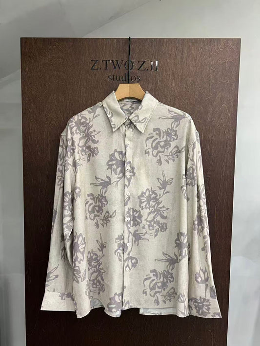 Abstract Floral Linen-Blend Shirt