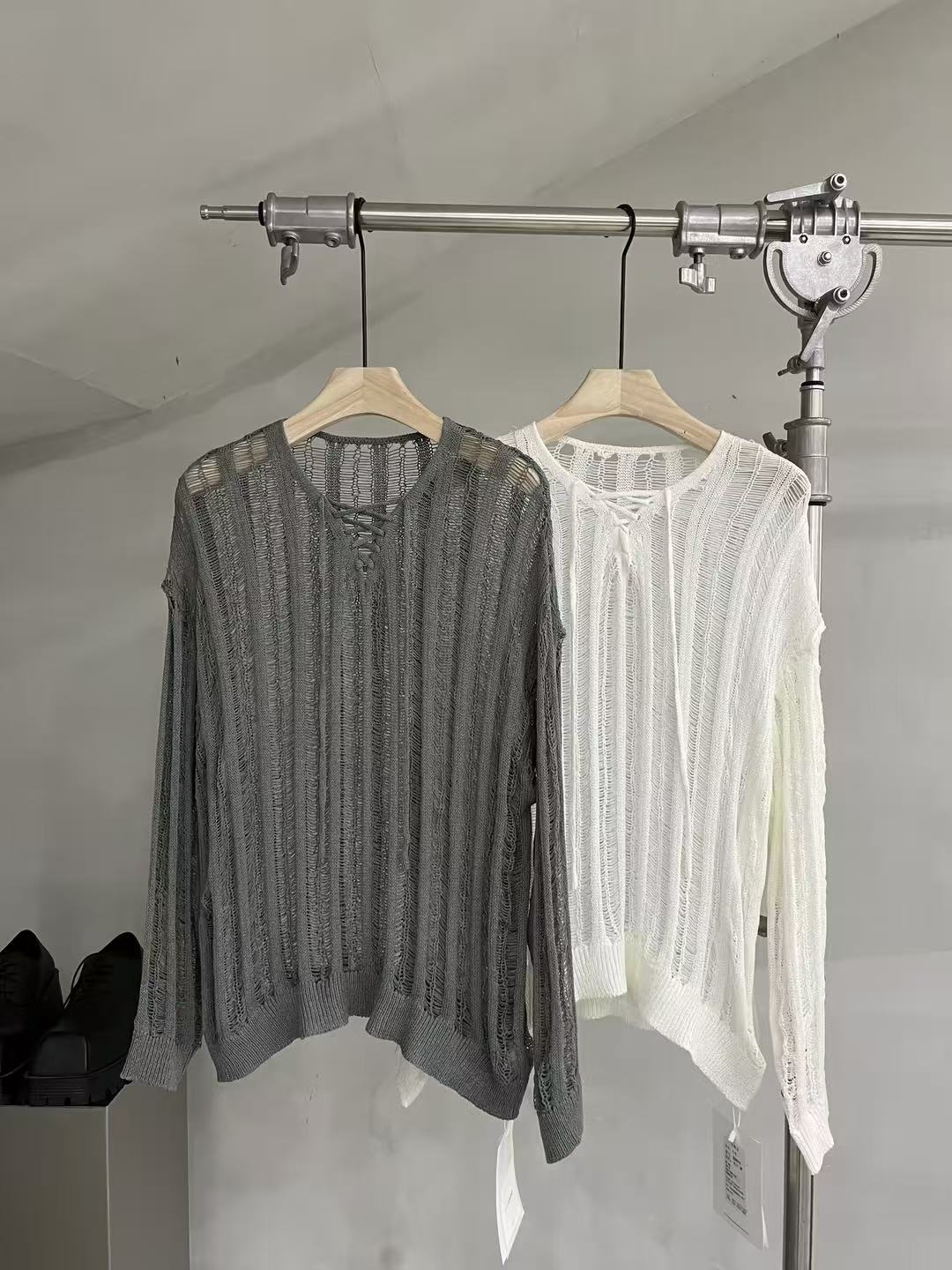 Distressed Open-Knit Lace-Up Sweater