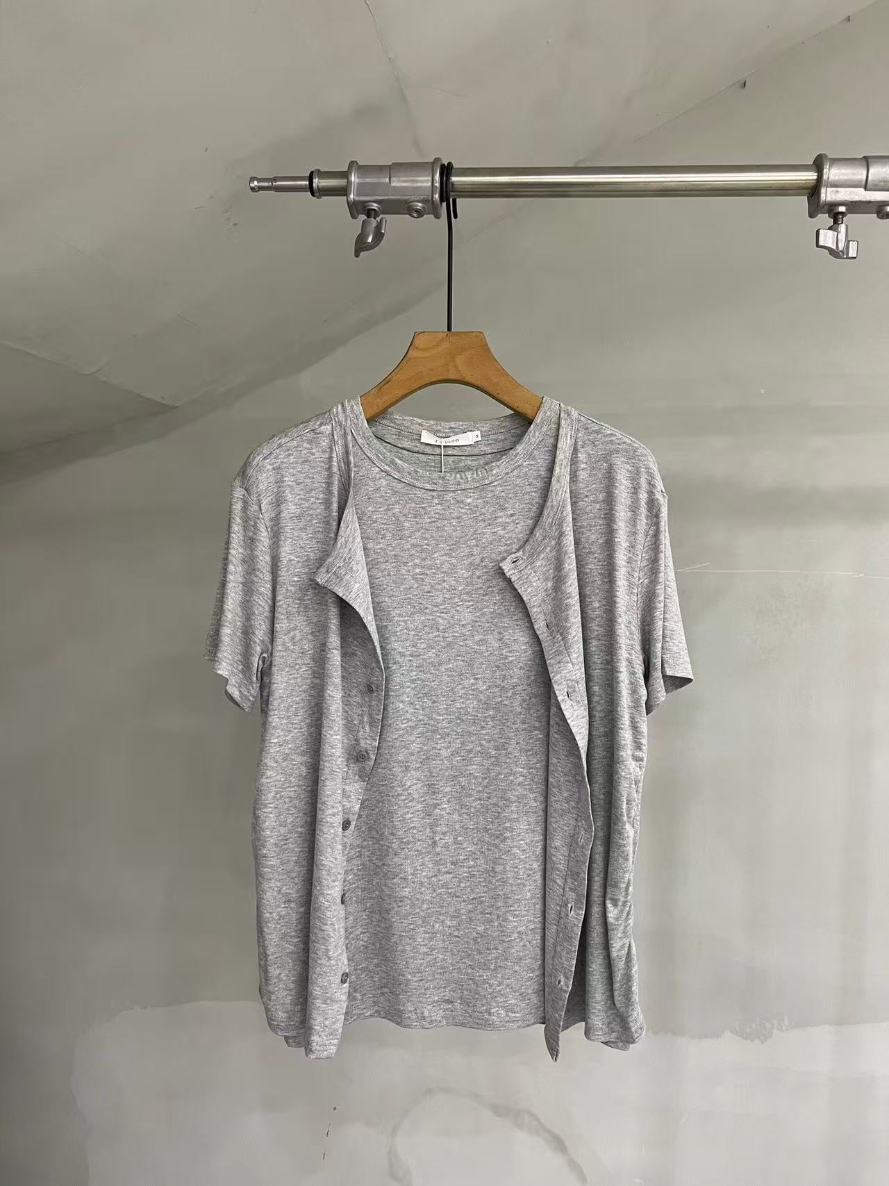 Layered-Neck Button-Front Short-Sleeve Tee