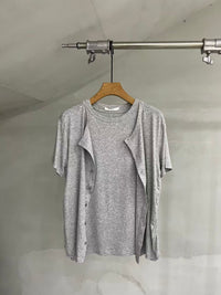 Layered-Neck Button-Front Short-Sleeve Tee
