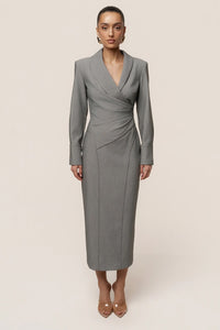 Tailored Draped Waist Lapel-Neck Midi Dress