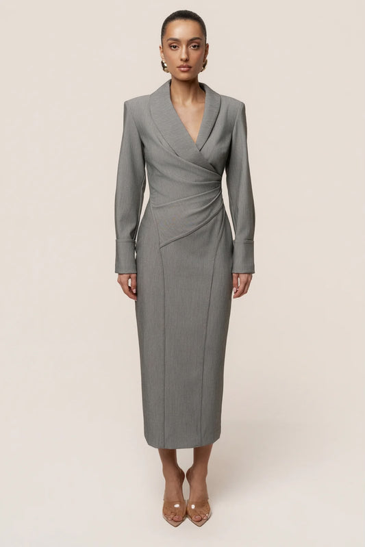 Tailored Draped Waist Lapel-Neck Midi Dress