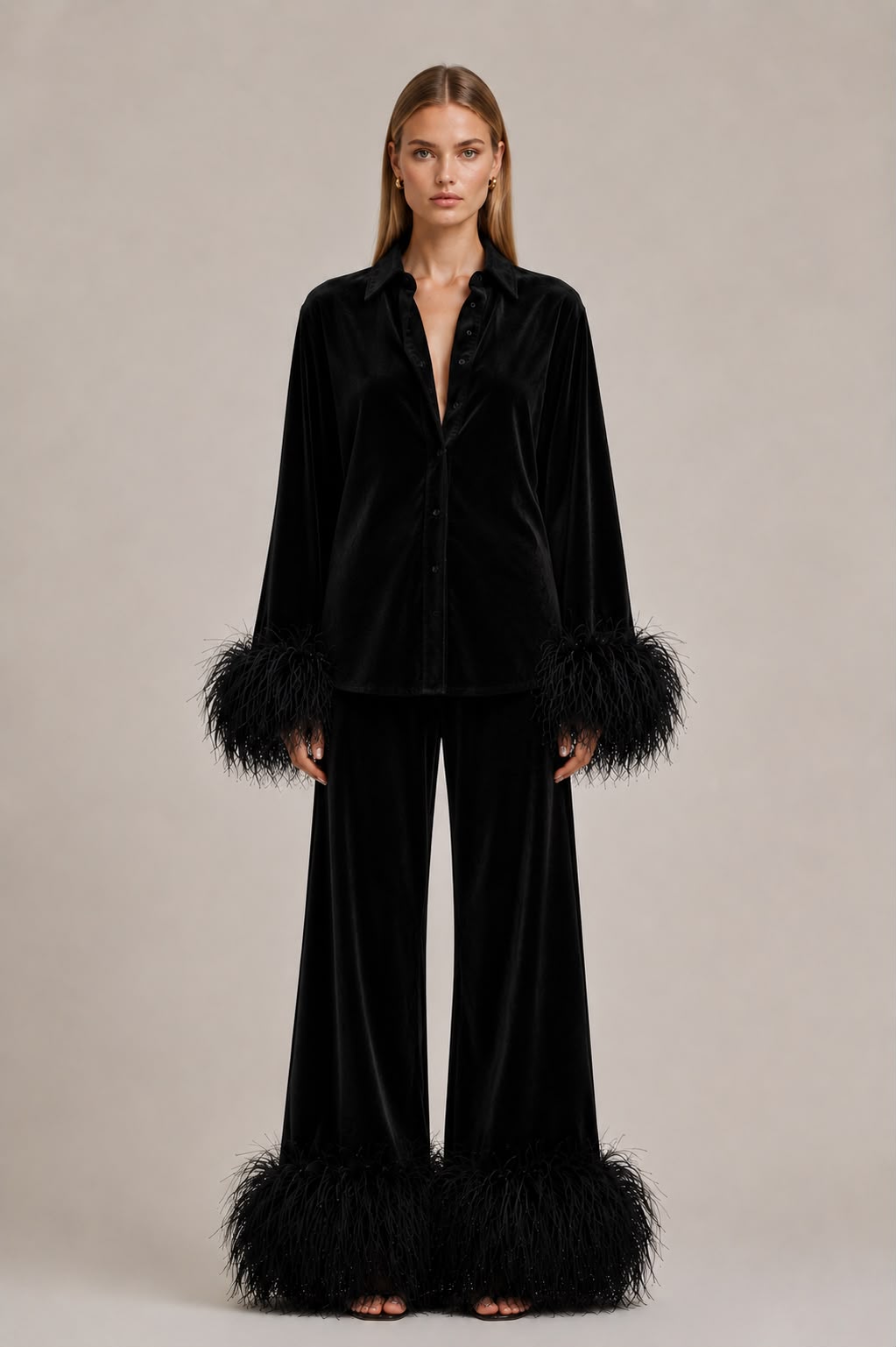 Velvet Shirt and Wide-Leg Pants Set