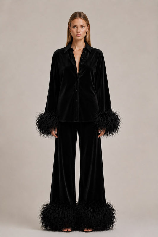 Velvet Shirt and Wide-Leg Pants Set