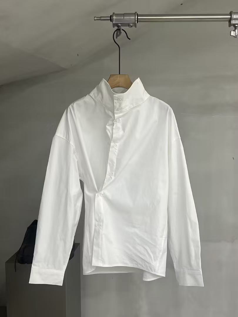 Draped Funnel-Neck Cotton Shirt