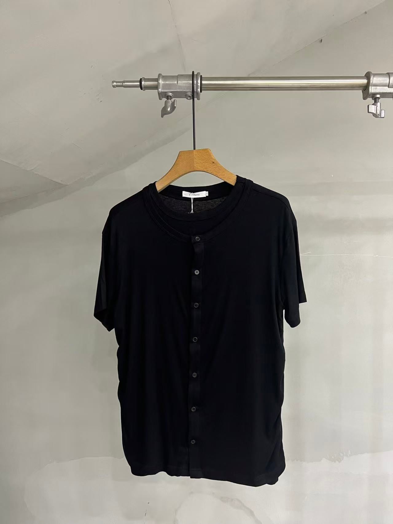 Layered-Neck Button-Front Short-Sleeve Tee