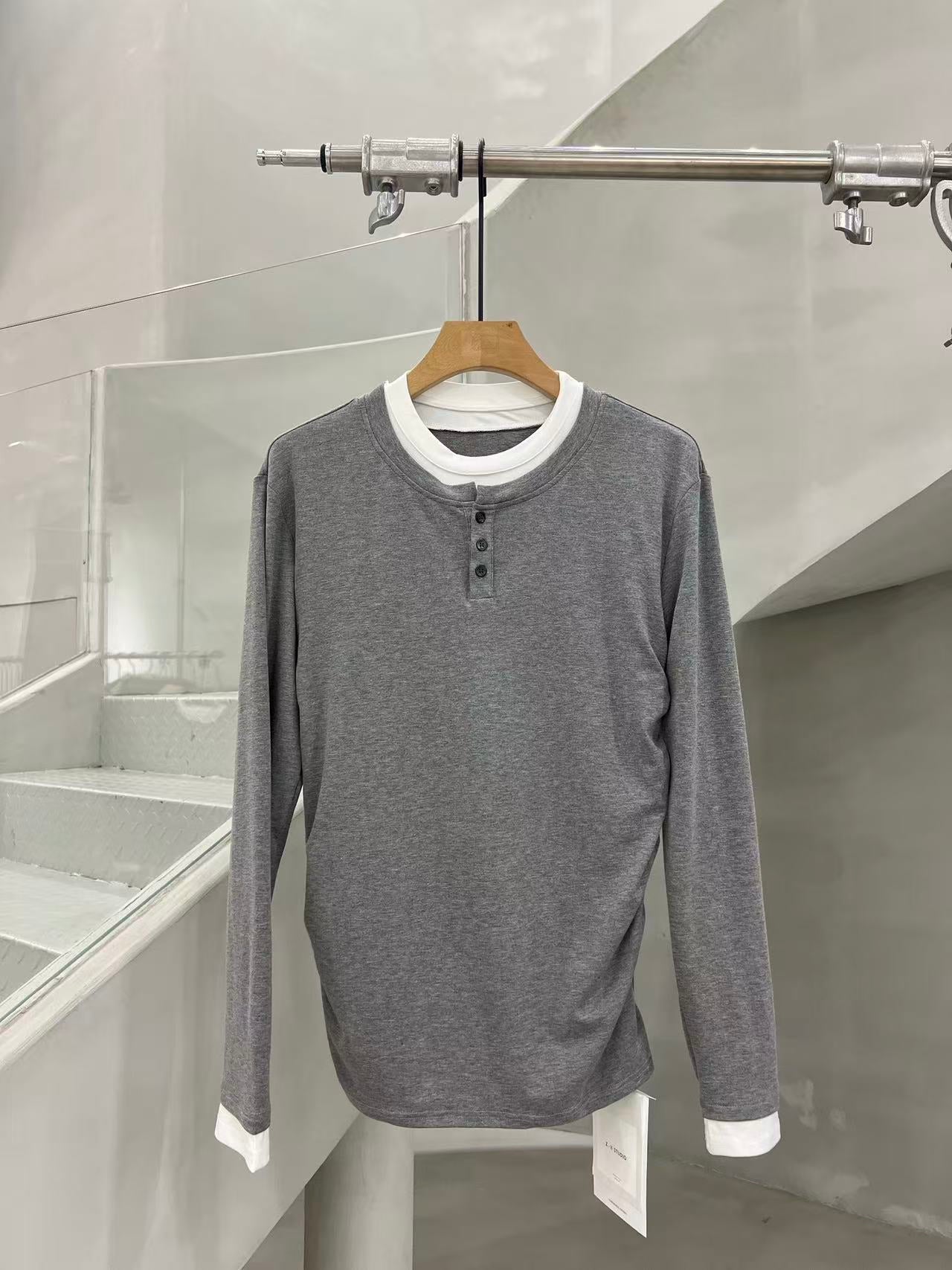 Layered-Collar Henley Long-Sleeve Tee