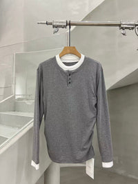 Layered-Collar Henley Long-Sleeve Tee