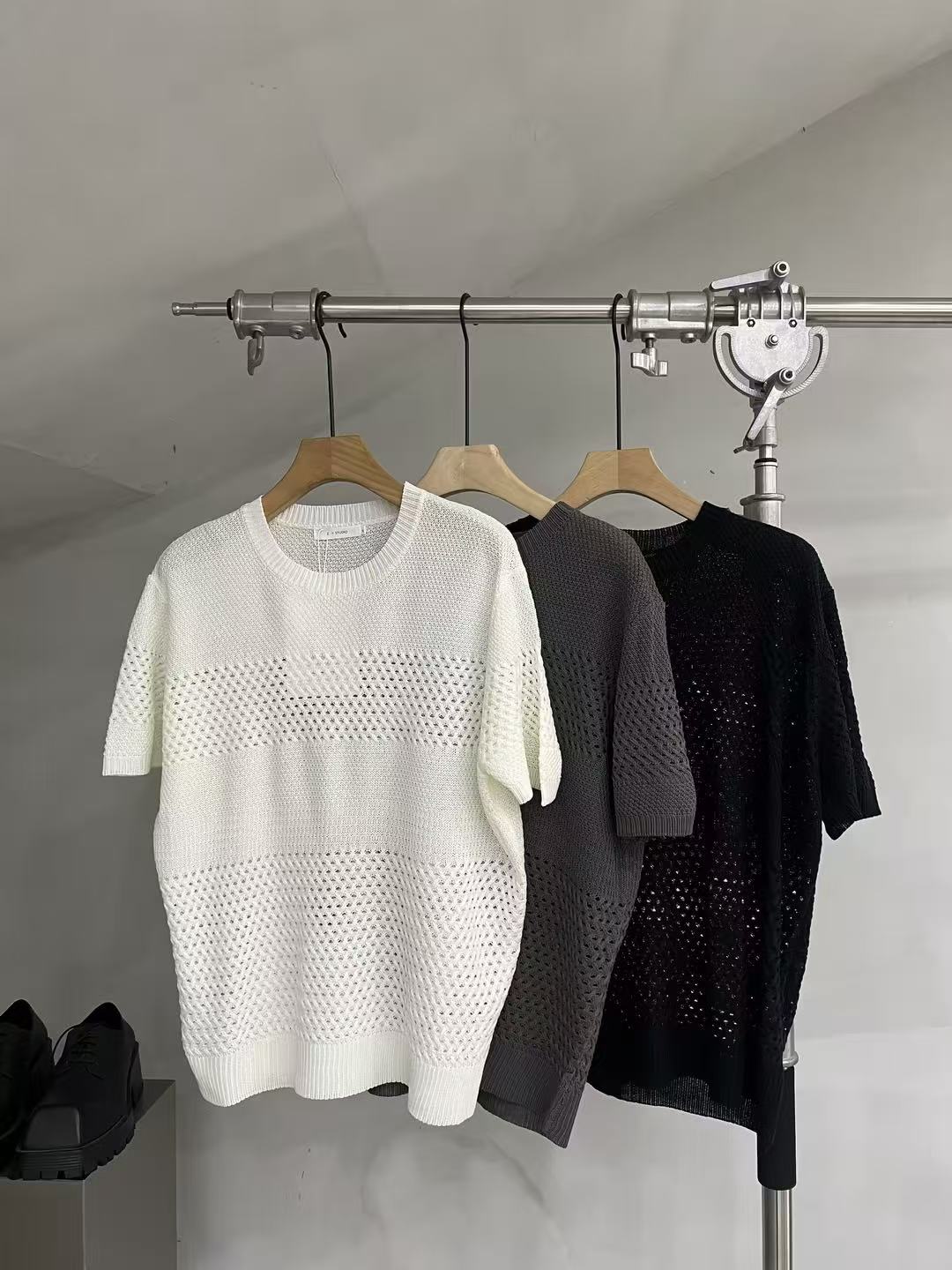 Open-Knit Panel Short-Sleeve Sweater