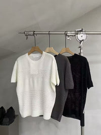 Open-Knit Panel Short-Sleeve Sweater