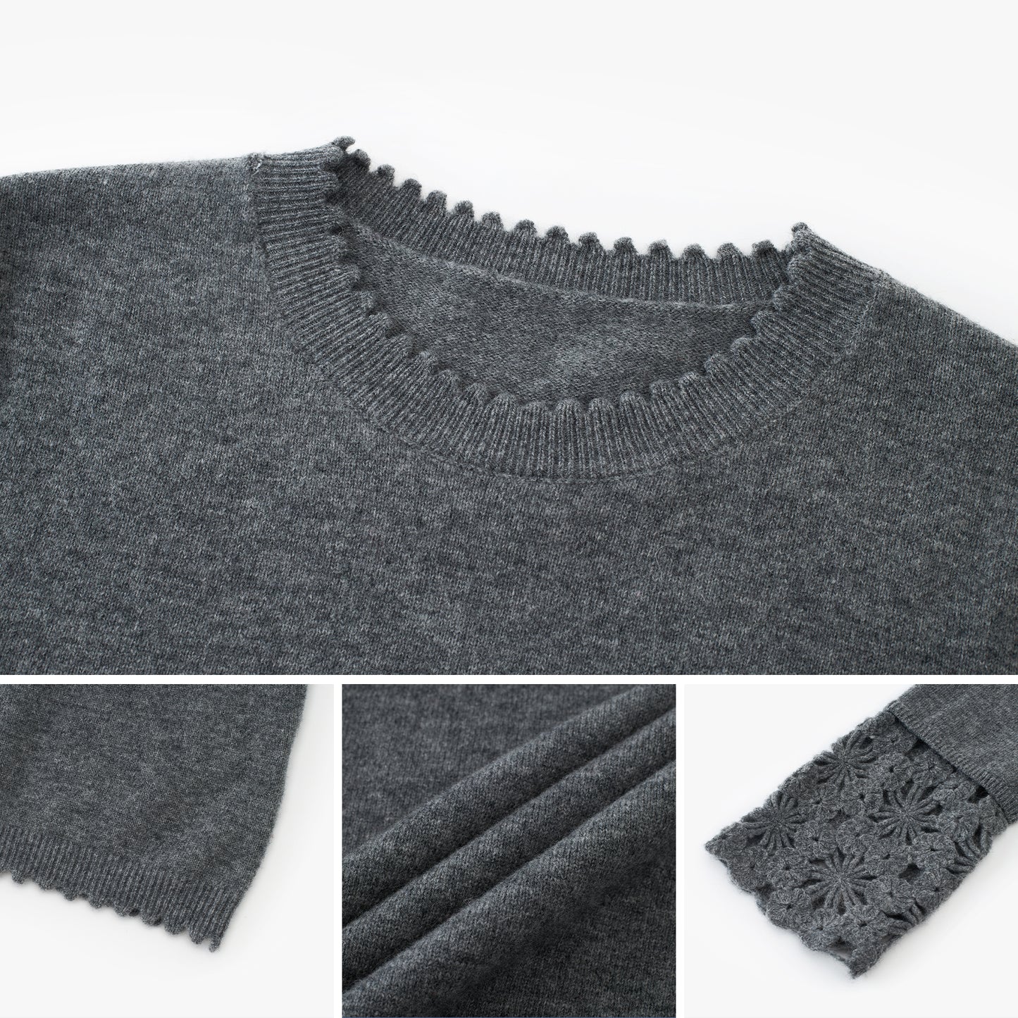 Crochet-Cuff Pullover Wool Crewneck Sweater