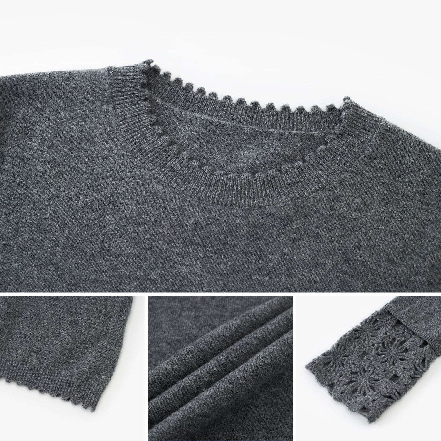 Crochet-Cuff Pullover Wool Crewneck Sweater