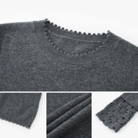 Crochet-Cuff Pullover Wool Crewneck Sweater