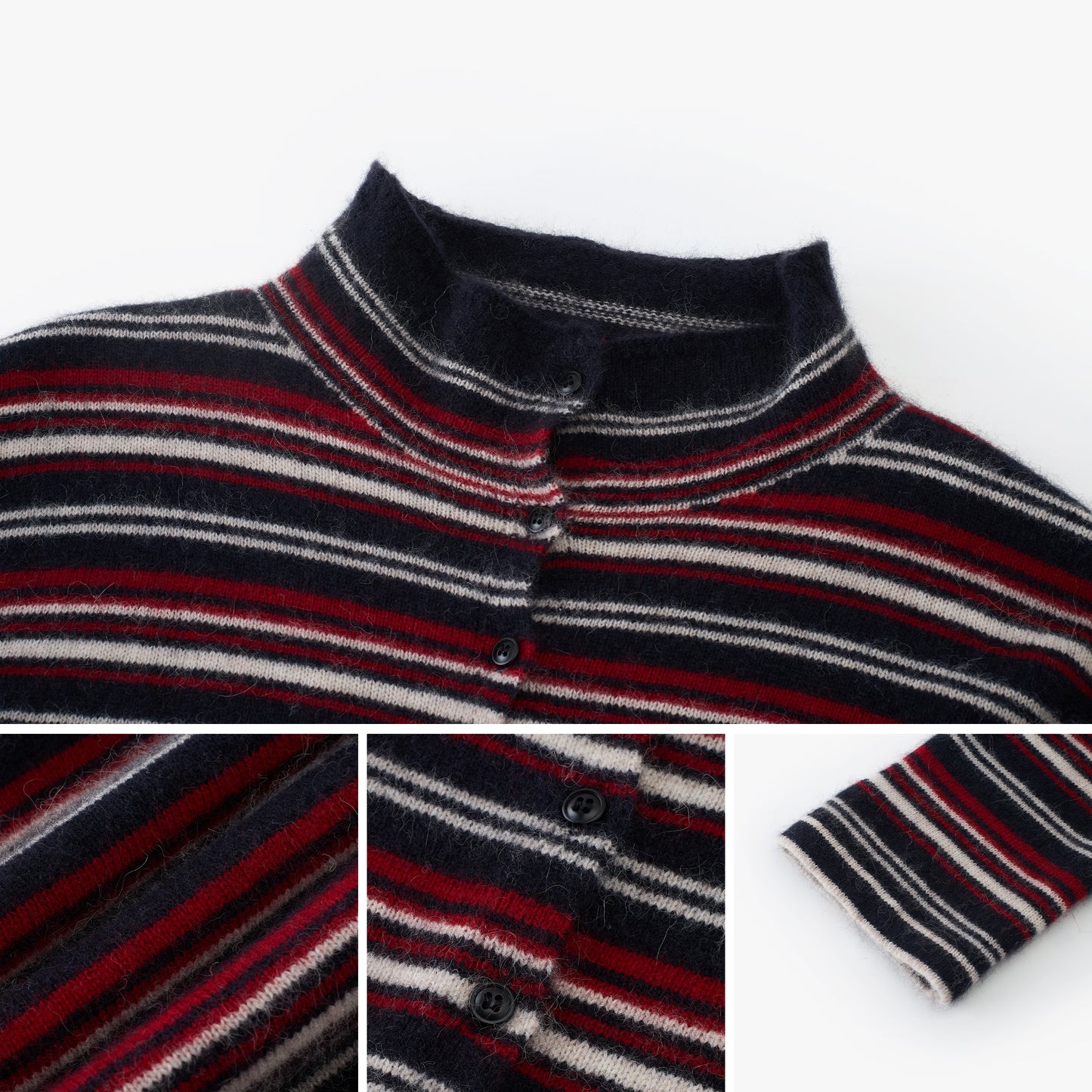 Striped Button-Front Wool-Blend Stand-Collar Cardigan