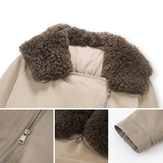 Sheepskin-Collar Cotton Down Bomber Jacket