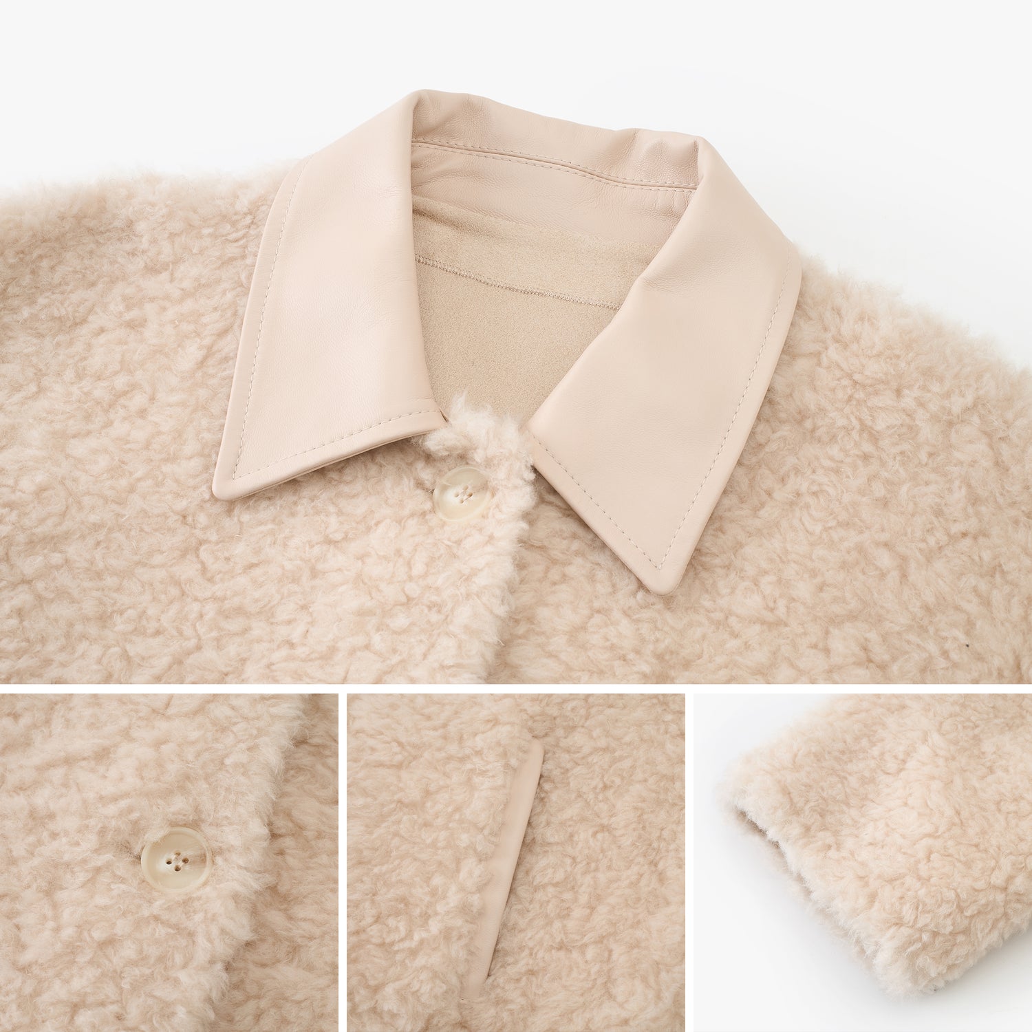 Leather-Collar Teddy-Texture Wool Jacket