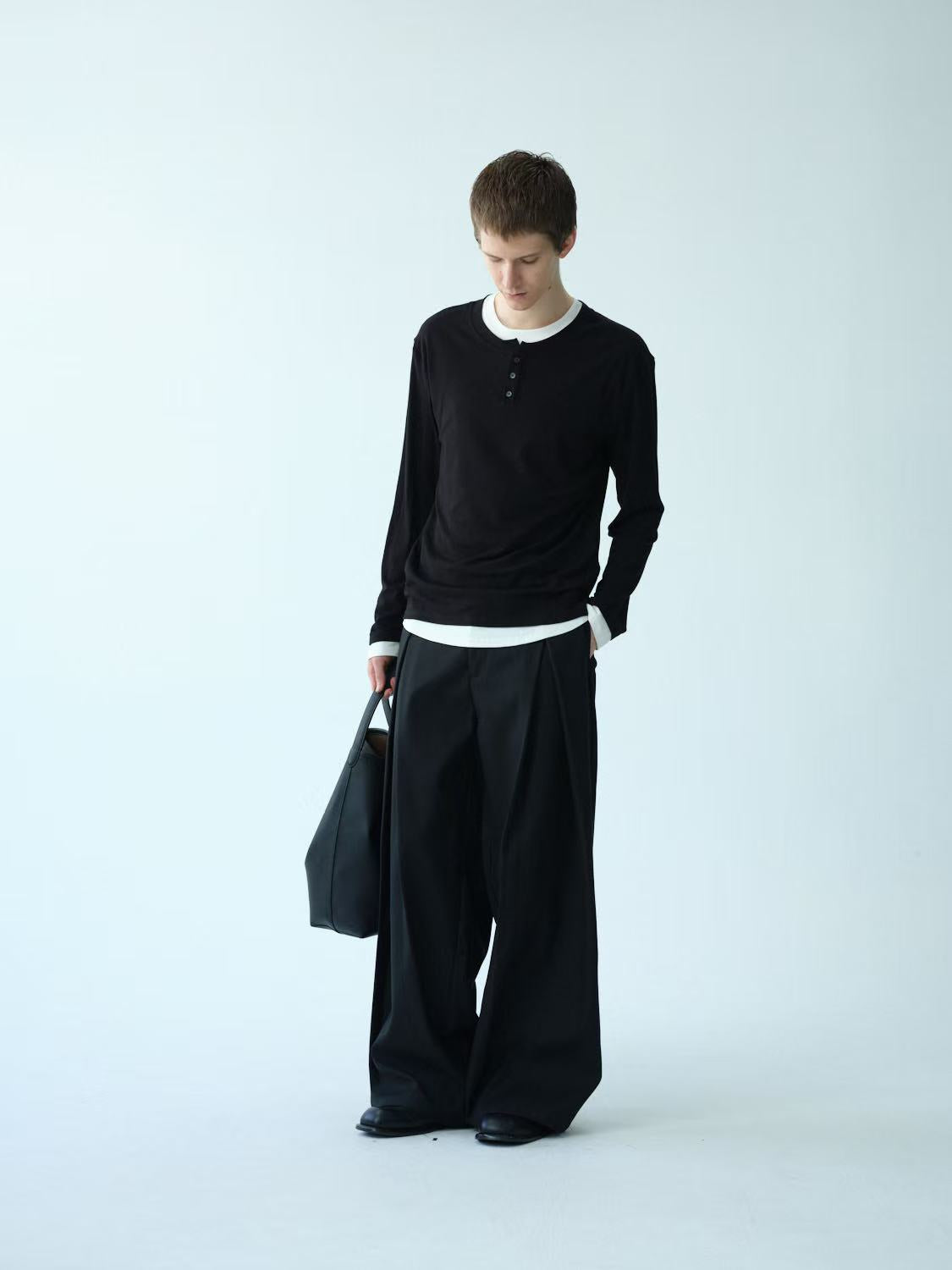 Layered-Collar Henley Long-Sleeve Tee