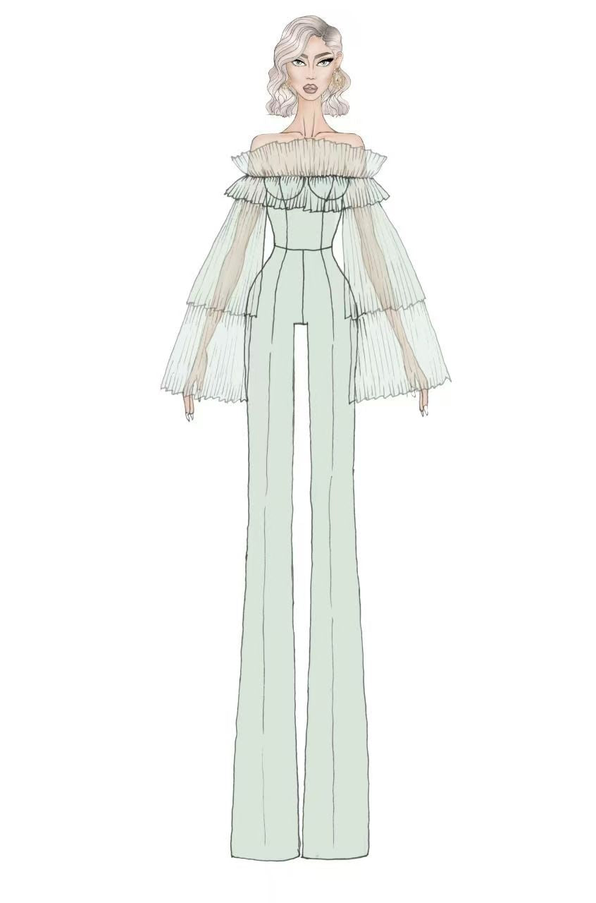 Pleated Off-Shoulder Sheer-Sleeve Wide-Leg Jumpsuit