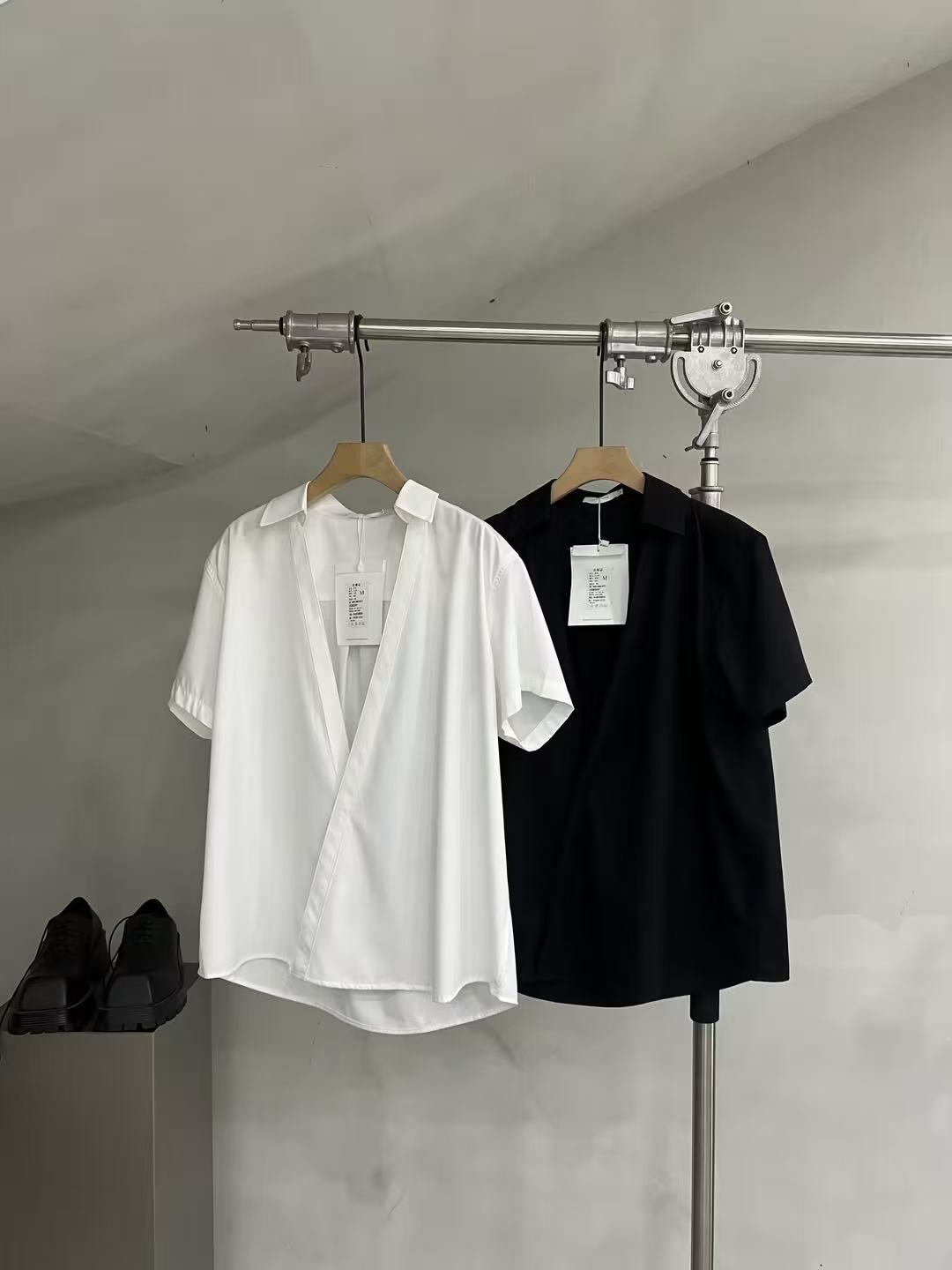 Wrap-Front Short-Sleeve Collar Blouse