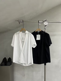 Wrap-Front Short-Sleeve Collar Blouse
