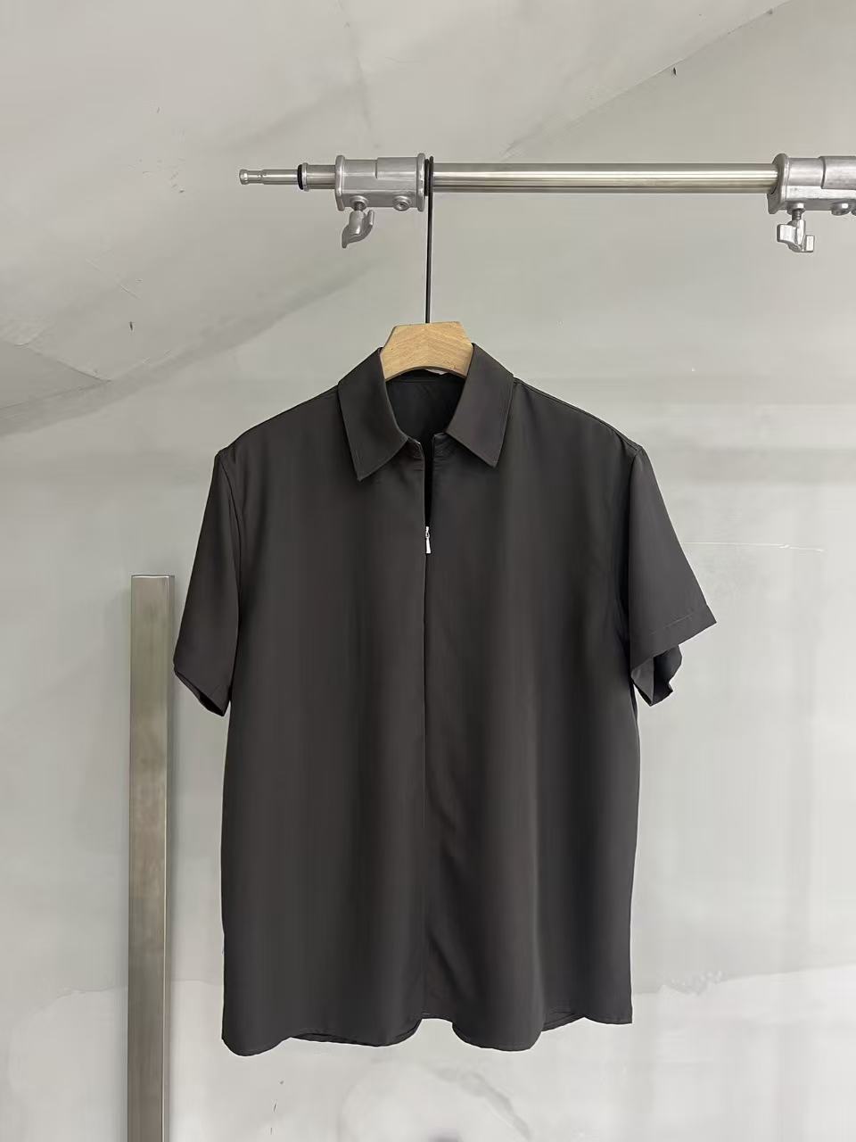 Minimal Zip-Front Short-Sleeve Shirt