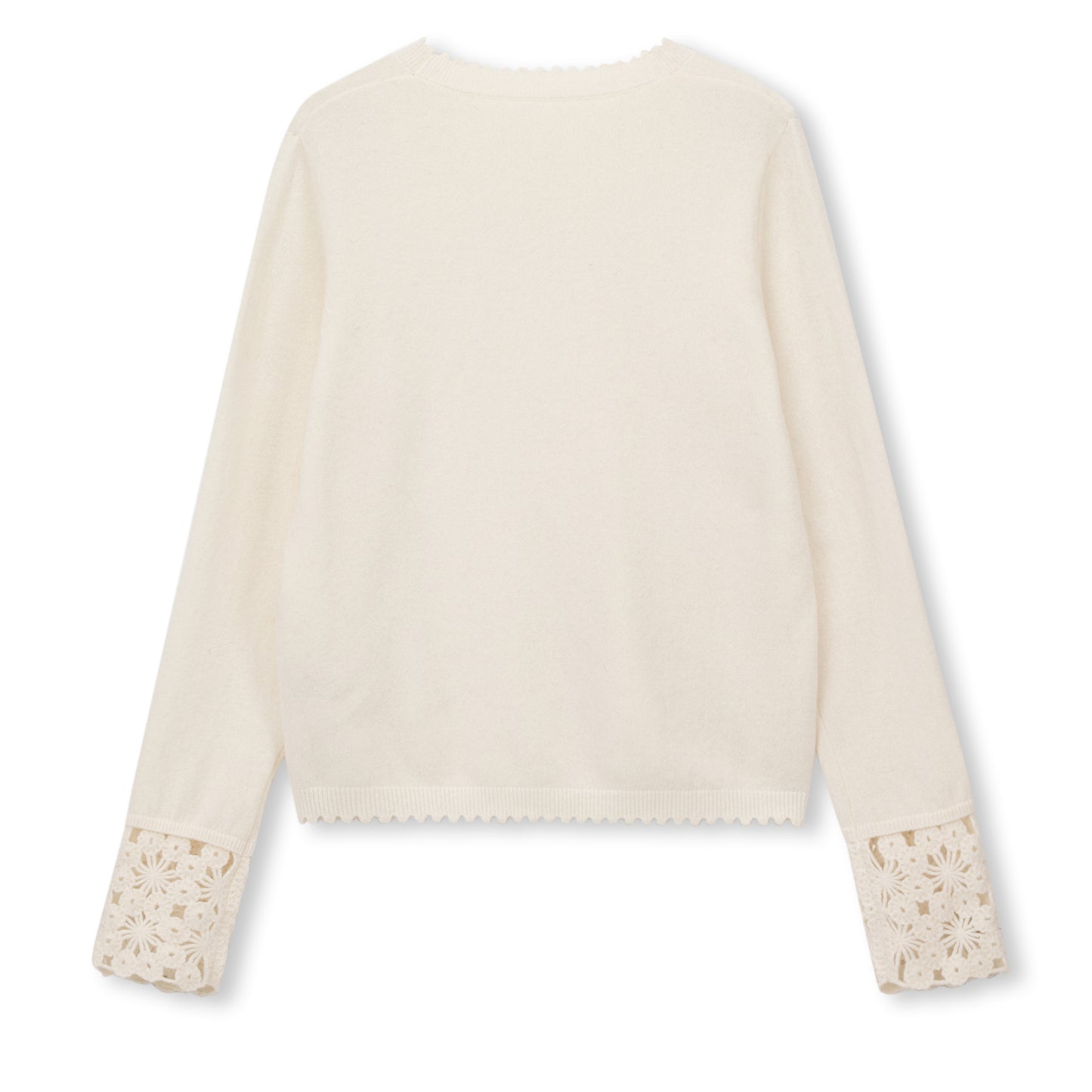Crochet-Cuff Pullover Wool Crewneck Sweater