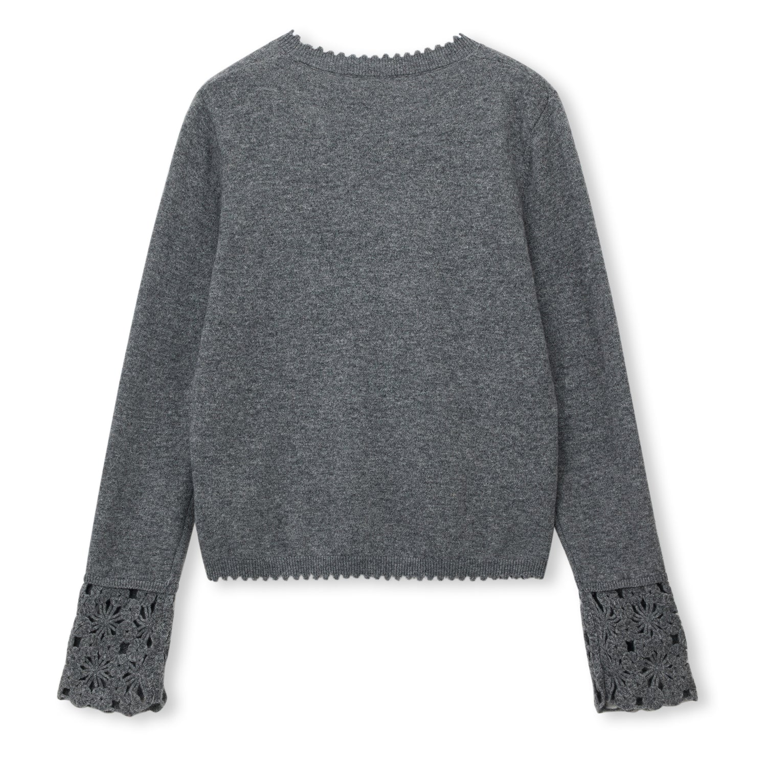 Crochet-Cuff Pullover Wool Crewneck Sweater