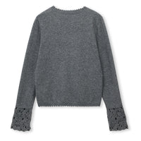 Crochet-Cuff Pullover Wool Crewneck Sweater