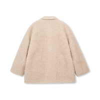 Leather-Collar Teddy-Texture Wool Jacket