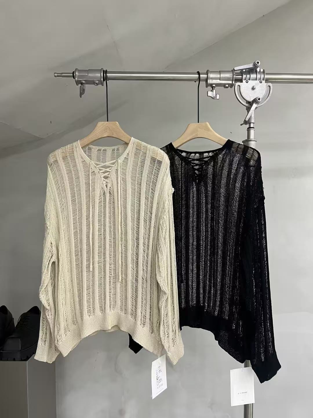 Distressed Open-Knit Lace-Up Sweater