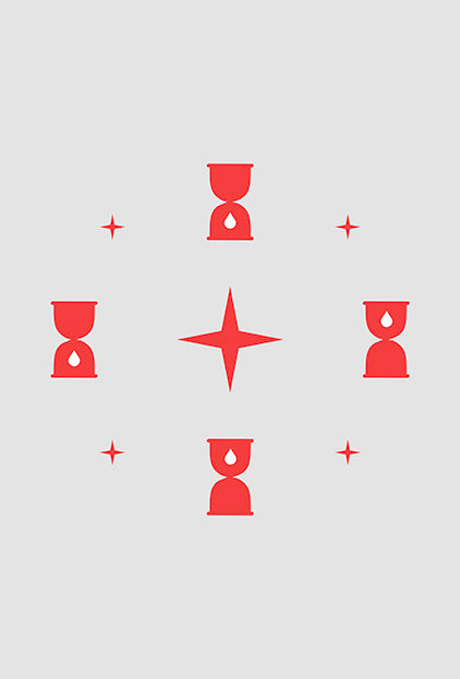 Red hourglass and star icons on a light gray background