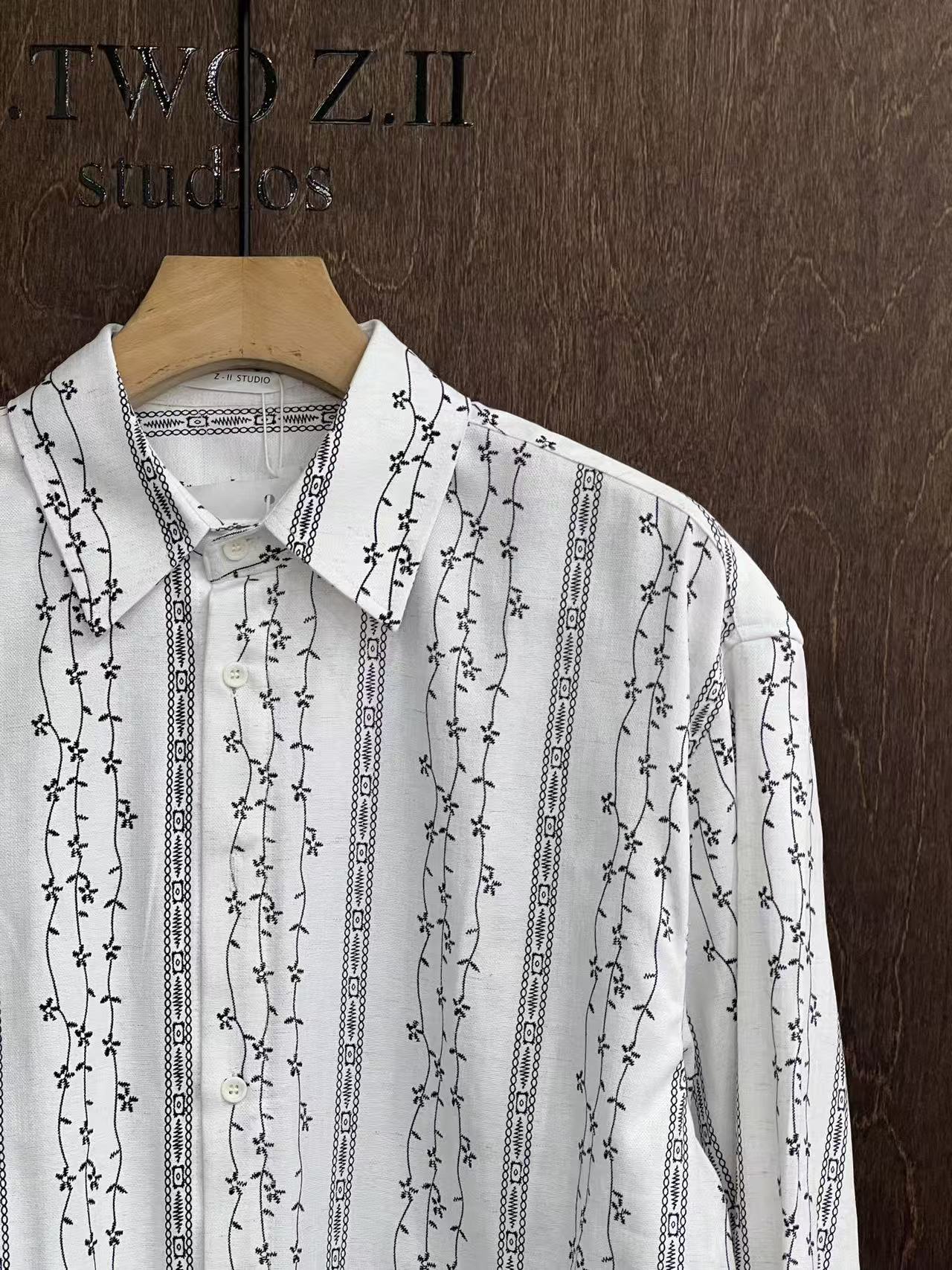 Embroidered Vine Stripe Long-Sleeve Shirt