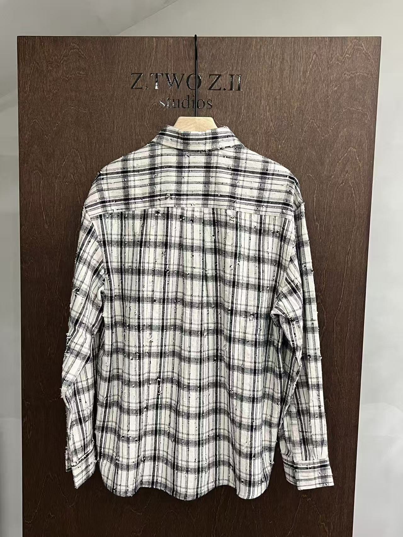 Distressed Monochrome Plaid Cotton Shirt