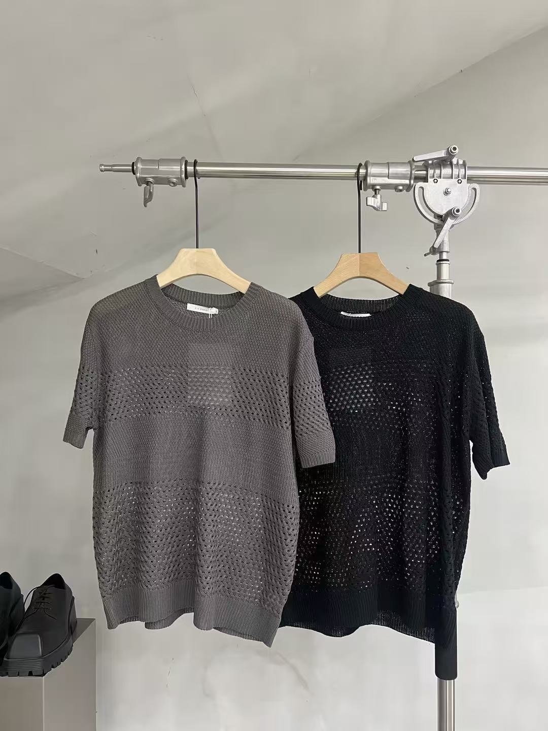 Open-Knit Panel Short-Sleeve Sweater