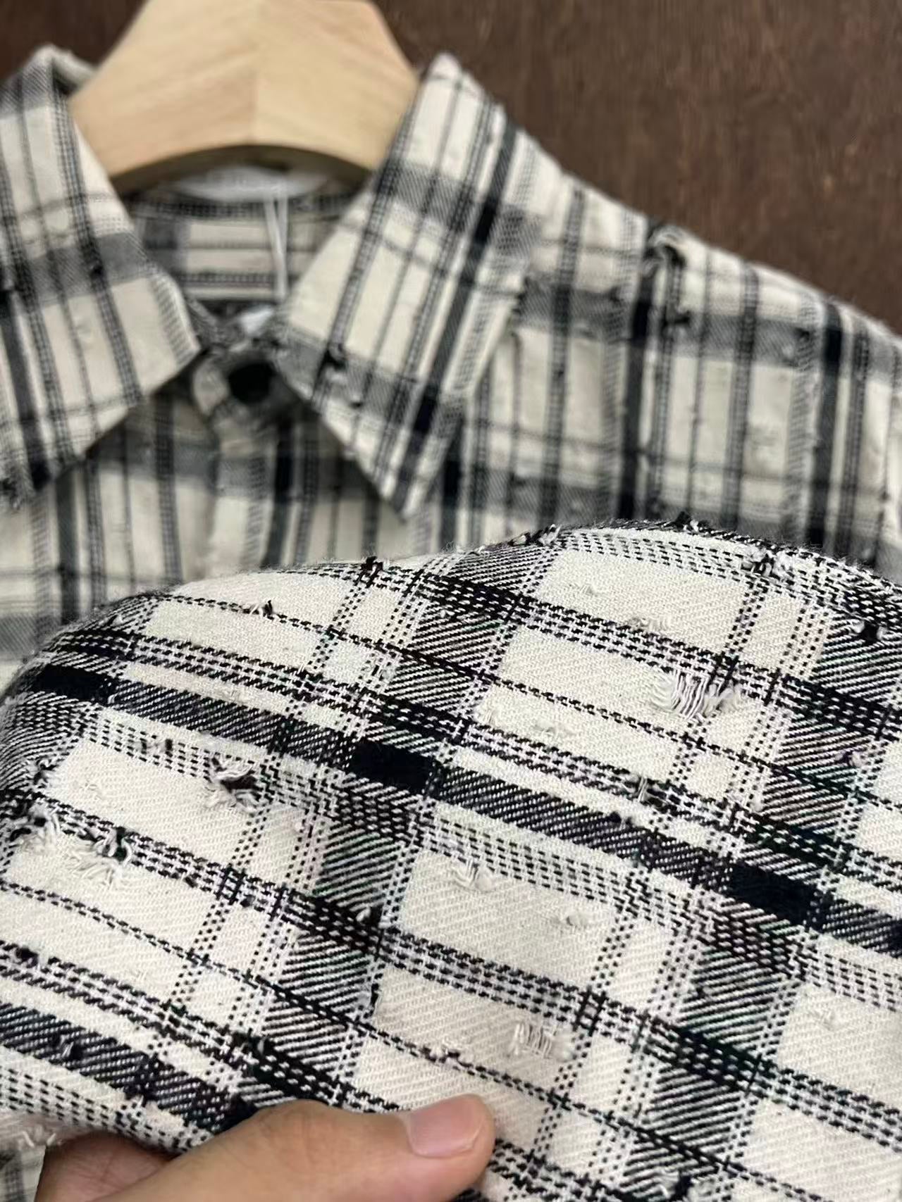 Distressed Monochrome Plaid Cotton Shirt