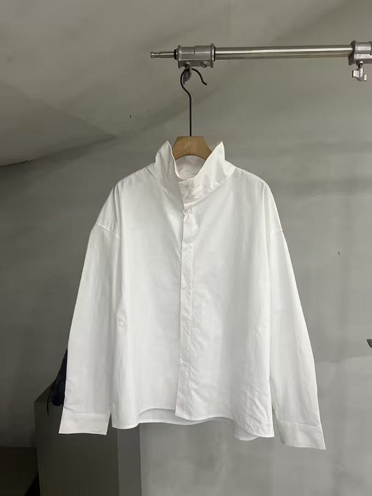 Draped Funnel-Neck Cotton Shirt