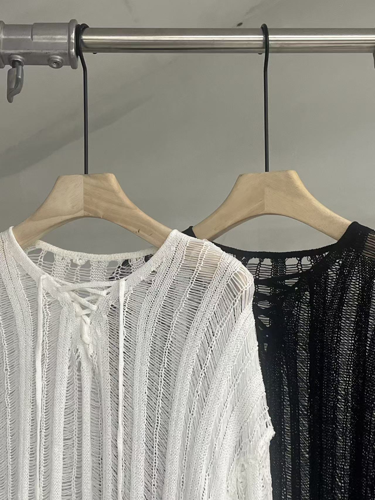 Distressed Open-Knit Lace-Up Sweater