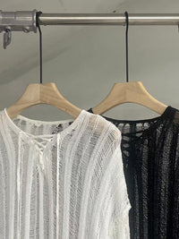 Distressed Open-Knit Lace-Up Sweater