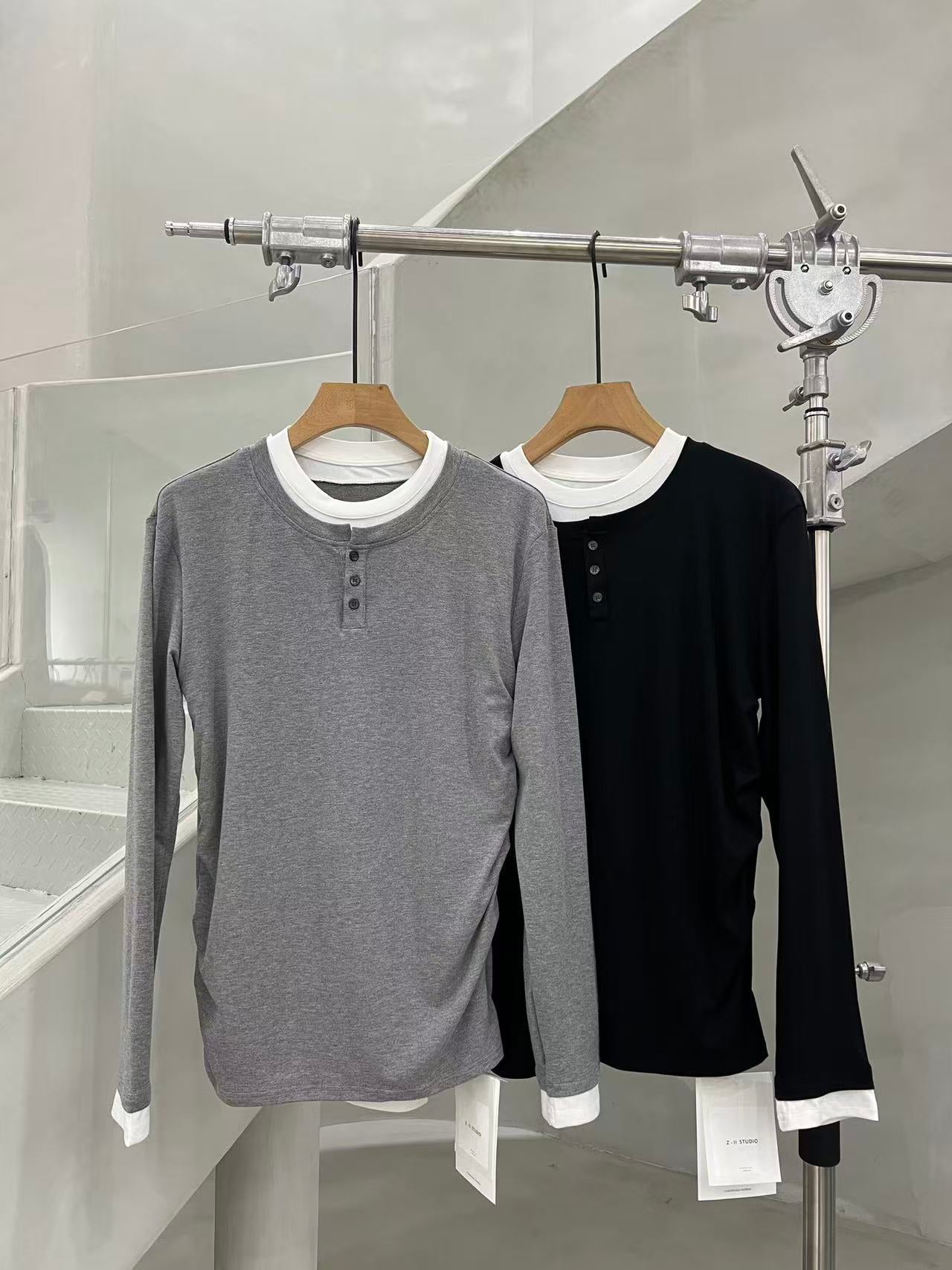 Layered-Collar Henley Long-Sleeve Tee