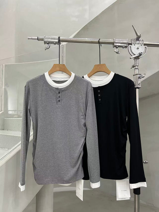 Layered-Collar Henley Long-Sleeve Tee