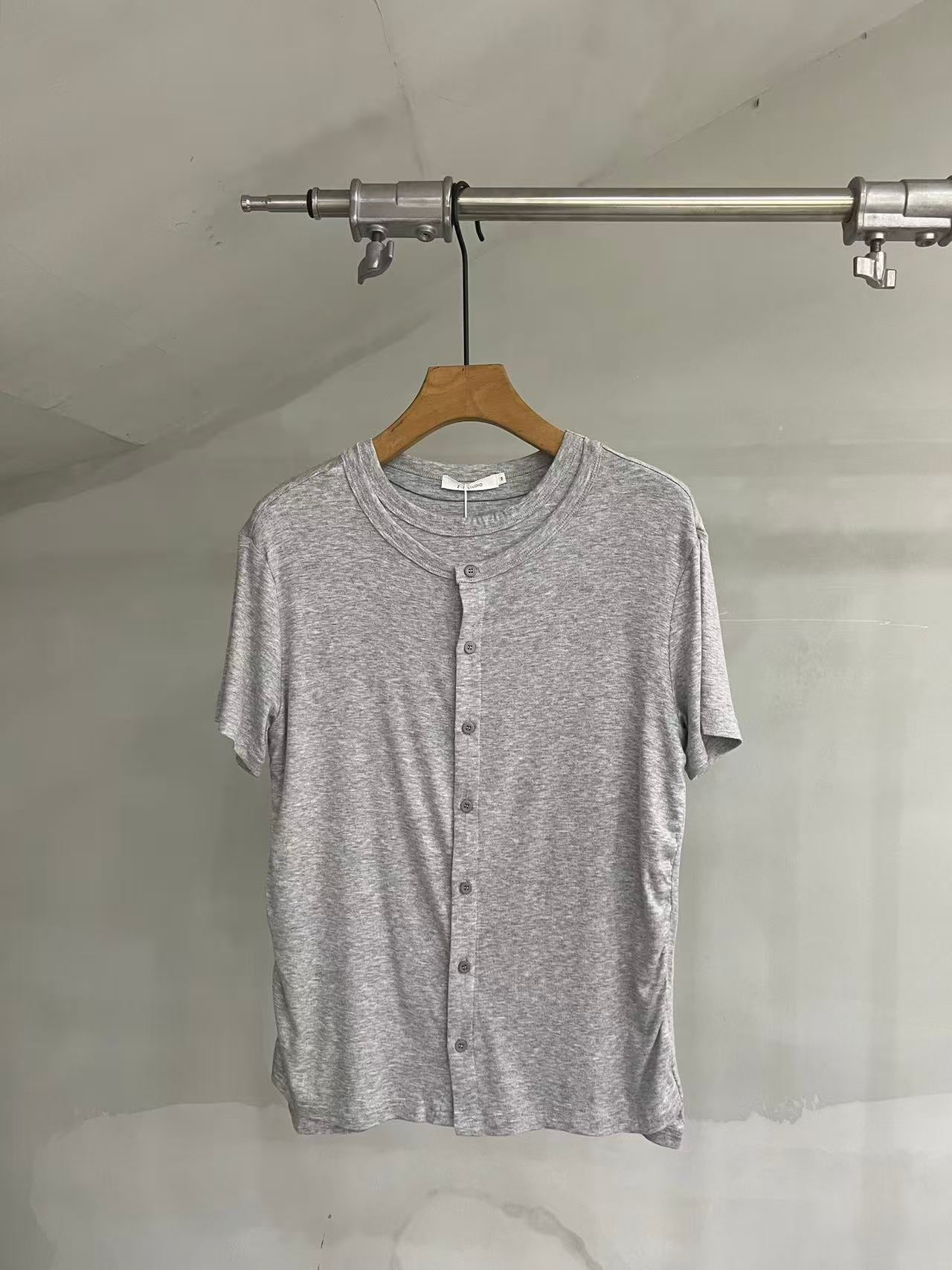 Layered-Neck Button-Front Short-Sleeve Tee